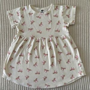 100% Cotton Girl Toddler’s Cream Dress With Pink/Gold Unicorn Prints Size 3T